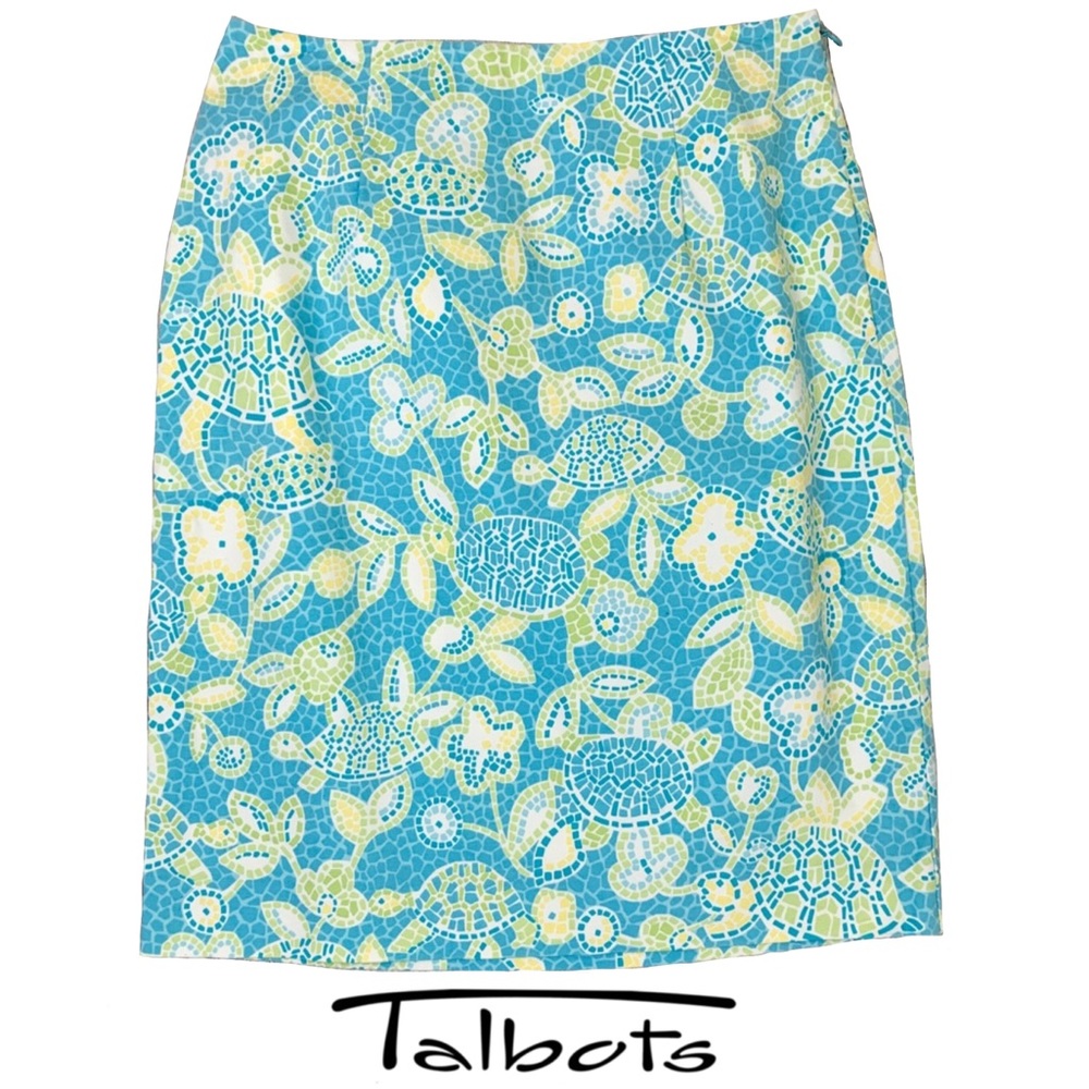 Talbots Tropical Turtle Pencil Skirt in Blue, Green, Yellow & White, Sz 4P, EUC